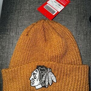 Brown Knit Beanie with Chicago Blackhawks Logo